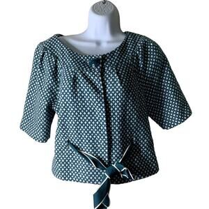 Elevenses Wool Cropped Front Tie Top Women Size 4 3/4 Sleeves Tweed Green White